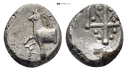THRACE, Byzantion. 387-340 BC. AR Hemidrachm (1.86 g, 11mm). Forepart of standing bull on dolphin, monogram between legs / Decorated head of trident w...