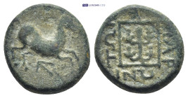 THRACE. Maroneia. 2nd century BC. Ae (15mm, 3.5 g). Prancing horse right; monogram below horse. Rev. MAPΩNITΩΝ Four bunches of grapes in linear square...