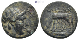 Troas, Alexandria Æ (17mm, 4.2 g). 3rd-2nd century BC. Laureate head of Apollo to right / Horse grazing to left; ΑΛΕΞΑΝ above, monogram below, thunder...