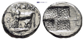 BITHYNIA, Kalchedon. Circa 367/6-340 BC. AR Drachm (14mm, 3.7 g). Bull standing left on grain ear; kerykeion and monogram to left / Quadripartite incu...
