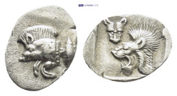 MYSIA, Kyzikos. Circa 525-475 BC. AR Obol (11mm, 0.41 g). Forepart of boar left; K on shoulder, tunny behind / Head of roaring lion left; facing panth...