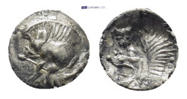 MYSIA, Kyzikos. Circa 525-475 BC. AR Obol (6mm, 0.11 g). Forepart of boar left; K (retrograde) on shoulder, tunny behind / Head of roaring lion left; ...
