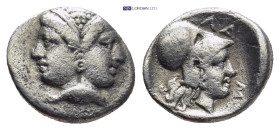 MYSIA, Lampsakos (Circa 4th-3rd centuries BC) AR Diobol (11mm, 1,3 g) Obv: Diademed janiform female head, with circular earring. Rev: ΛA-M Head of Ath...