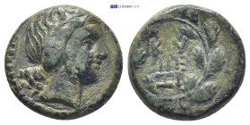 MYSIA. Kyzikos. 2nd-1st centuries B.C. Æ. (4.6 g. 17 mm). Head of Kore right, wearing wreath of corn / ΚΥ ΣΙ and monogram within oak wreath, ΔΙ below....