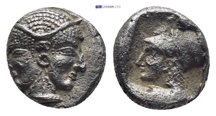 Mysia, Lampsakos AR Diobol. (9mm, 1.1 g) c. 500-450. Female janiform head / Helm...