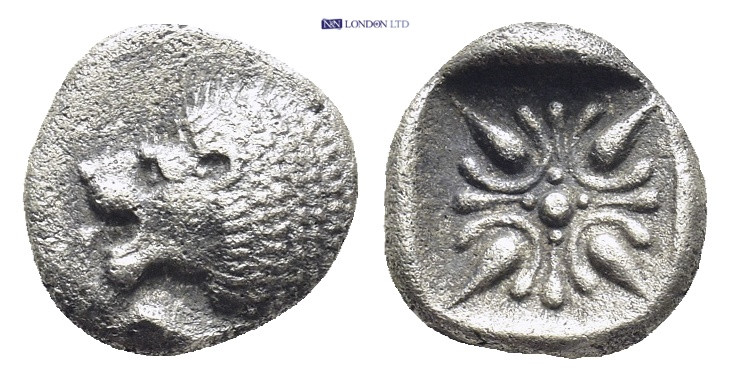 Ionia, Miletos AR Diobol. late 6th-early 5th C. (1 Gr.9mm.) Head of a roaring li...