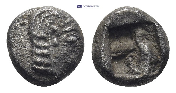 Ionia. Kolophon circa 530-500 BC. Obol AR (7mm, 0,8 g) Archaic head of Apollo ri...