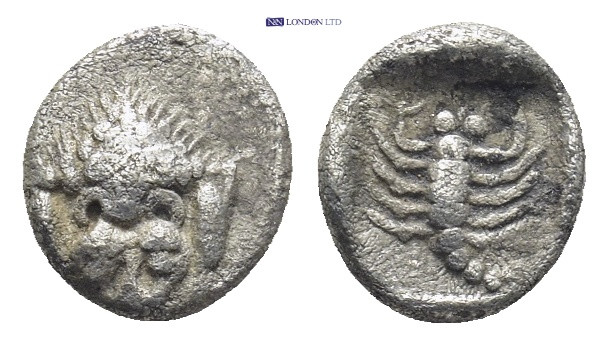 Caria, Mylasa, AR Hemiobol, (Silver, 0.55 g 7 mm),Circa 450-400 BC. Obv: Forepar...