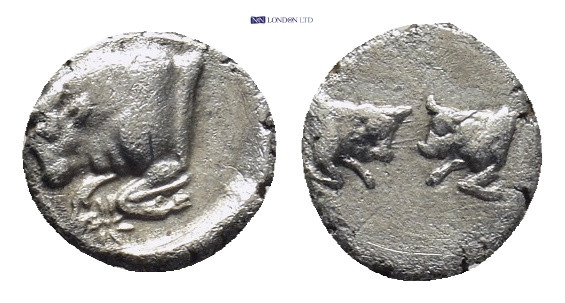 Caria, Uncertain. AR Hemiobol, (0.28 g. 7 mm). 5th century BC. Obv.: Forepart of...