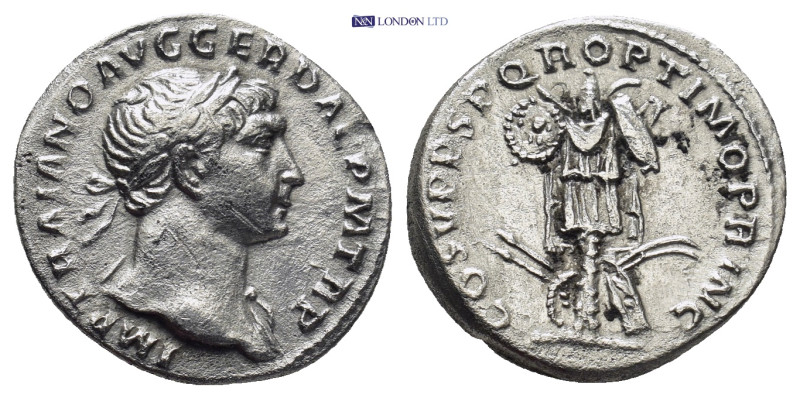 Trajan (AD 98-117). AR denarius (18mm, 3.1 g).Rome, AD 103-111. IMP TRAIANO AVG ...