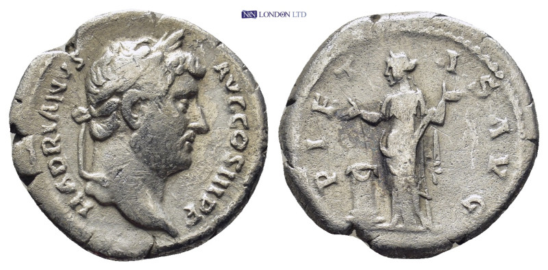 Hadrian AD 117-138. Rome Denar AR (3.18 Gr. 18 mm.)
Bare head right 
Rev. Pietas...