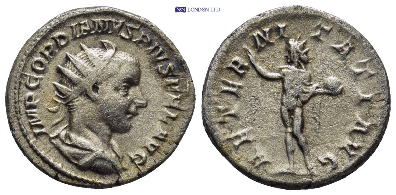 Gordian III AR Antoninianus. (22mm, 4.4 g) Rome, AD 241-243. Radiate, draped and...