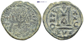 Justinian I (527-565) AE Follis (Bronze, 33mm, 18.3 g) Cyzicus Dated RY 25 (551/552). Obv: Diademed, helmeted, and cuirassed facing bust, holding glob...