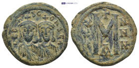 Leo III 'the Isaurian' and Constantine V, AD 717-741. AE, Follis. (5.1 g. 23 mm). Constantinople.
Obv: LEOҺ- SC-OҺ[SƮ]. The busts of Leo, with short b...