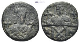 Leo III the "Isaurian", with Constantine V AD 717-741. Constantinople Follis or 40 Nummi (3.5 Gr. 16mm)
 Crowned facing bust of Leo, holding globus cr...