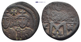 Constantine V and Leo IV, AE, Follis, Constantinople. (1.8 Gr. 16mm.)
 Facing busts of Constantine, with short beard, on left, and Leo, beardless, on ...