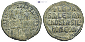 Leo VI Æ Nummus. (25mm, 7.55 g) Constantinople, AD 886-912. +LEON + S ALЄXAndROS, Leo on the left and Alexander on the right, seated facing on double ...