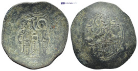 Manuel I Comnenus, AD 1143-1180. AE, Trachy. (28mm, 4.16 g). Constantinople. Obv: MAN[UHΛ] Δ[ΕCΠ] / MHP – ΘV. Manuel I standing facing on the left, we...
