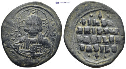 Anonymous (attributed to Basil II). AE Follis. ca. 976-1025. Constantinople. (18.3 Gr. 35mm.)
 Bust of Christ Pantokrator facing, raising hand in bene...