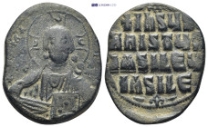 Anonymous (attributed to Basil II). AE Follis. ca. 976-1025. Constantinople. (9.3 Gr. 31mm.)
 Bust of Christ Pantokrator facing, raising hand in bened...