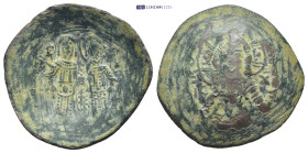 Alexius III Angelus-Comnenus AD 1195-1203. Constantinople Trachy Æ (26mm., 2,8g). Alexius and St. Constantine standing facing, each holding labarum an...