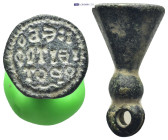 Bronze stamp seal of conical form, a large suspension loop above horizontal ridge.
The circular base incised with three lines legends. (12.36 Gr. 26mm...