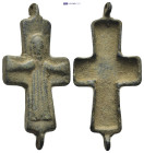 Byzantine Reliquary Cross Pendant. A bronze reliquary in cross, decorated in relief, crucified Christ. (42mm, 7.0 g)