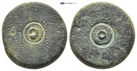 Bronze Coin Weight. 3 Nomismata (Solidi). Circa 6th century AD. Æ (23mm, 13.3 g). Lathe-turned disk shaped weight with punched denomination (N Γ) and ...