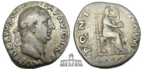 Vitellius. AD 69. AR Denarius. Rome mint. Vesta seated right, holding scepter and patera. 18 mm, 3.37 g