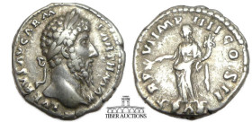 Lucius Verus. AD 161-169. AR Denarius. Rome mint. TR P VI IMP IIII COS II, PΛX in exergue, Pax, draped, standing left, holding olive branch in right h...