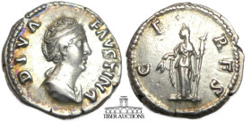Diva Faustina Senior. Died AD 140/1. AR Denarius. Rome mint. Struck under Antoninus Pius, circa AD 146-161. Draped bust right, wearing pearls bound on...