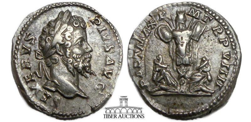 Septimius Severus. AD 193-211. AR Denarius. Rome mint. Struck AD 201. Trophy of ...