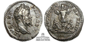 Septimius Severus. AD 193-211. AR Denarius. Rome mint. Struck AD 201. Trophy of arms; captive seated to left and right, hands in front supporting thei...