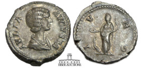 Julia Domna. Augusta, AD 193-217. AR Denarius. Rome mint. Struck under Septimius Severus, circa AD 200-211. Juno standing left, holding patera and sce...