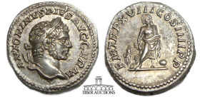 Caracalla. AD 198-217. AR Denarius. Rome mint. Struck AD 215. Aesculapius standing facing, holding serpent-entwined rod in right hand; to left, Telesp...