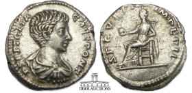 Geta. As Caesar, AD 198-209. AR Denarius. Rome mint. Struck under Septimius Severus and Caracalla, AD 200-205. SECVRIT IMPERII, Securitas seated left,...