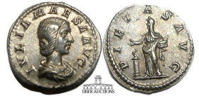 Julia Maesa. Augusta, AD 218-224/5. AR Denarius. Rome mint. Struck under Elagabalus, AD 218-220. Pietas, veiled and draped, standing left, holding ace...
