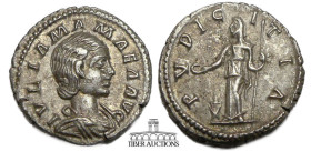 Julia Maesa. Augusta, AD 218-224/5. AR Denarius. Rome mint. Struck under Elagabalus, AD 218-220. Pudicitia seated left, about to draw veil and holding...