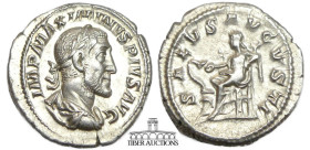 Maximinus I. AD 235-238. AR Denarius. Rome mint. 2nd emission, AD 236. Salus seated left, feeding from patera serpent rising from altar, resting arm o...