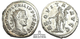 Philip I. AD 244-249. AR Antoninianus. Rome mint, 2nd officina. 5th emission, AD 246. Aequitas standing facing, head left, holding scales and cornucop...