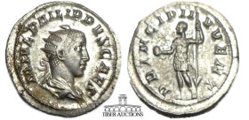 Philip II. As Caesar, AD 244-247. AR Antoninianus. Rome mint, 3rd officina. 5th emission of Philip I, AD 246. Philip II standing left, holding globe a...
