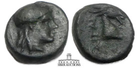 AEOLIS, Aigai. 4th-3rd centuries BC. Æ 9. Laureate head of Apollo right / Head of goat right. 9 mm, 1.28 g.