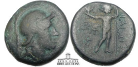 AEOLIS, Aigai. 2nd-1st centuries BC. Æ 18. Helmeted head of Athena right / Zeus standing facing, holding eagle and scepter; three monograms to left. 1...