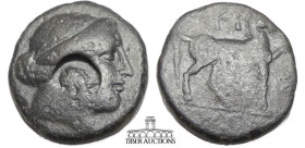 AEOLIS, Kyme. Circa 250-200 BC. Æ Obol. Uncertain magistrate. Head of the Amazon Kyme right; c/m: bust of female (Artemis?) right within incuse circle...