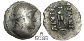 BAKTRIA, Greco-Baktrian Kingdom. Eukratides I Megas. Circa 170-145 BC. AR Obol. Diademed, draped, and cuirassed bust right, wearing crested helmet cov...