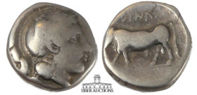 CAMPANIA, Hyria. Circa 400-395 BC. AR Nomos. Helmeted head of Athena right, owl on helmet / Man-headed bull standing right. 20 mm, 6.85 g.