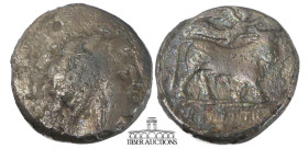 CAMPANIA, Neapolis. Circa 320-300 BC. AR Didrachm. Diademed head of nymph right; pileos behind, monogram before / Man-headed bull right, head facing; ...
