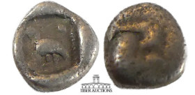 CARIA, Mylasa. Circa 420-390 BC. AR Tetartemorion. Head of roaring lion right / Bird standing right; pellets flanking. 6 mm, .25 g.