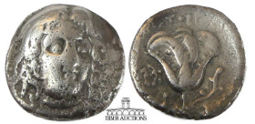 ISLANDS off CARIA, Rhodos. Circa 305-275 BC. AR Didrachm. Head of Helios facing slightly right / Rose with bud to right; to left, grapes above EY. 20 ...