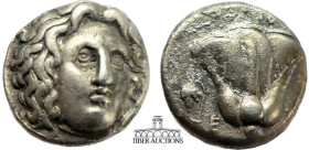 ISLANDS off CARIA, Rhodos. Circa 305-275 BC. AR Didrachm. Head of Helios facing slightly right / Rose with bud to right; to left, grapes above EY. 16 ...